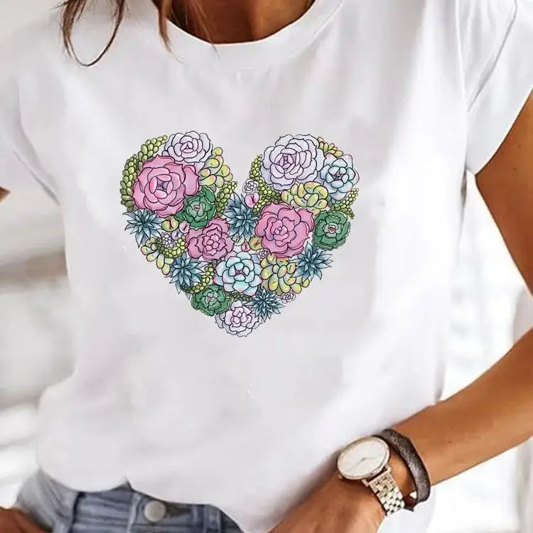Love Heart Print Women Summer T Shirt Girl O Neck Funny Tops Tee Female.