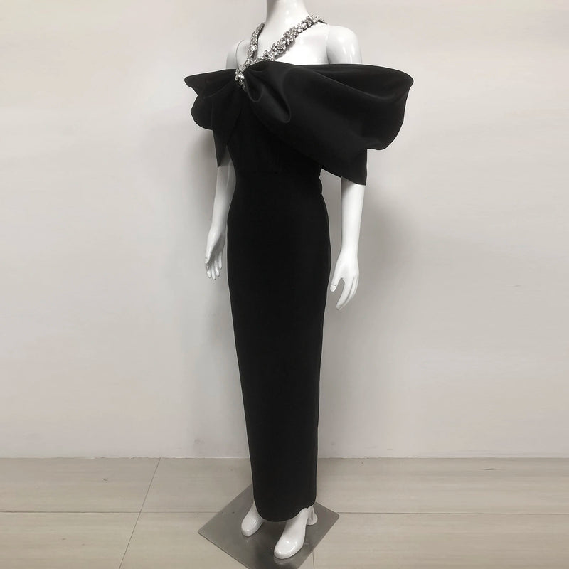 Red Black Women Sexy Halter Off the Shoulder Crystal Ruffles Bodycon Long Bandage Dress.