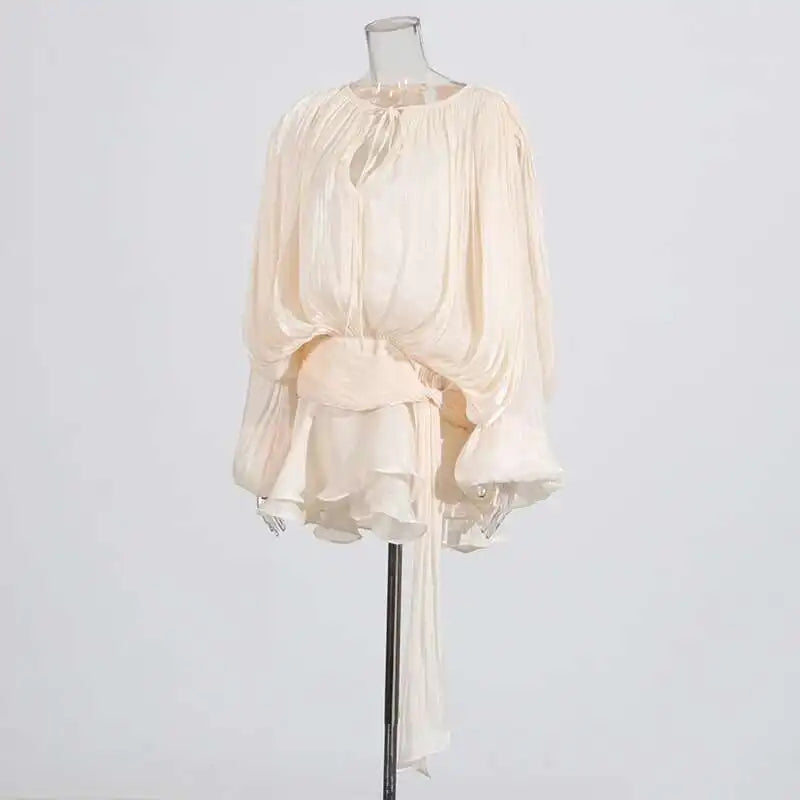 TWOTWINSTYLE Solid Blouse Mini Dresses For Women V Neck Long Sleeve.