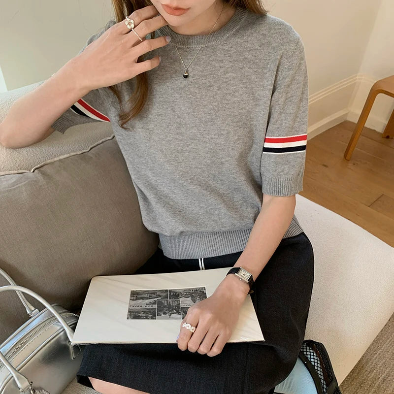 Summer  cotton women's T-shirt casual striped knit pullover short sleeved.