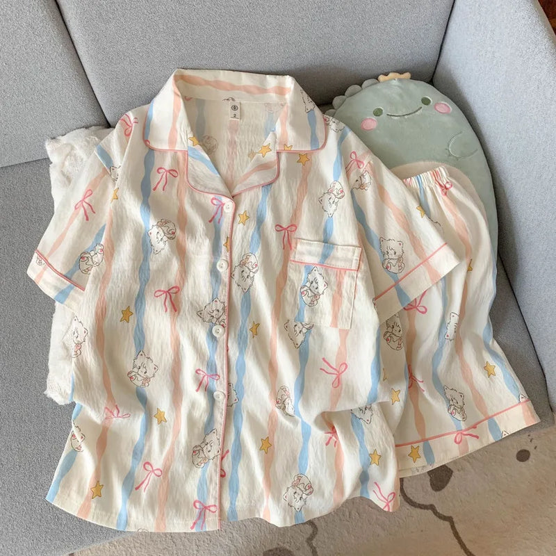 Comfortable Short Sleeved Shorts Cardigan Student Pajamas Women's Summer.