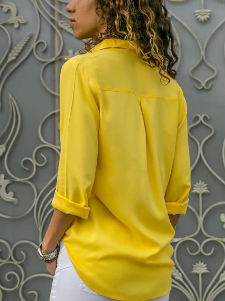 Women Elegant Solid Chiffon Blouse Spring Summer Casual Long Sleeve.