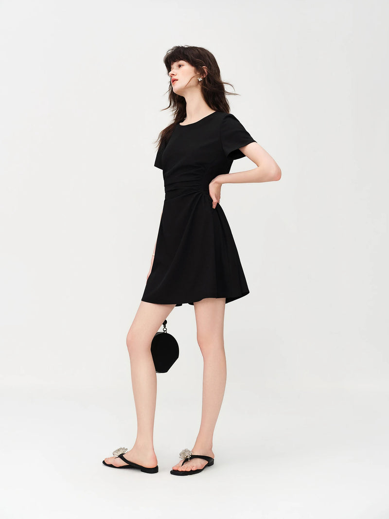 Women's Black Midi Dress, Crew Neck Short Sleeve Waist-Cinching.