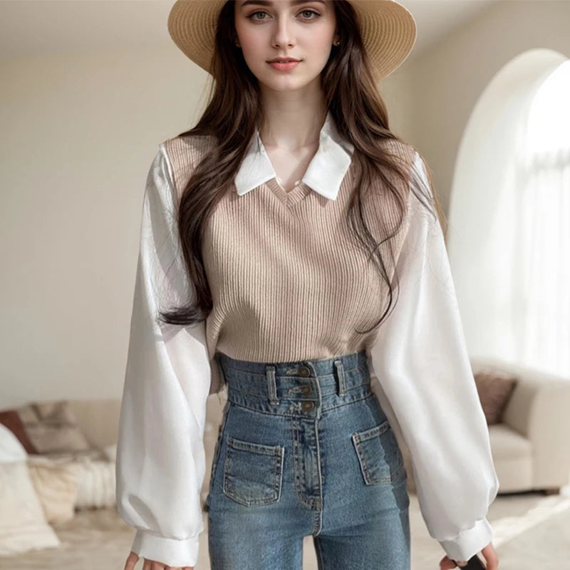 Streetwear Loose Pullovers Top Shirt Casual False Two-piece Patchwork.