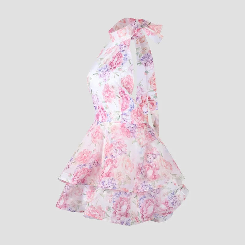 Women’s Chic Floral Printed Mini Dress Backless Sleeveless.