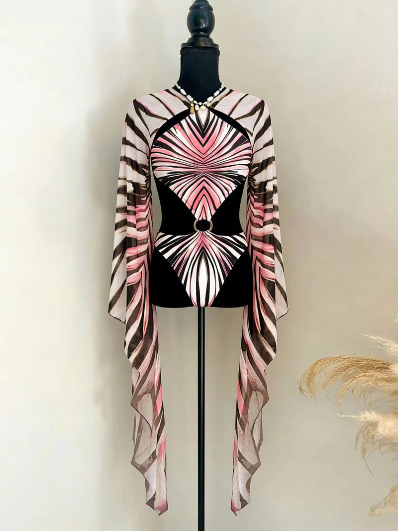 Long Sleeve One Piece Swimsuit Women Swimwear Bodysuit Monokini.