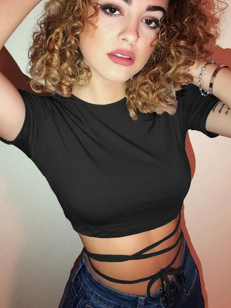 Summer Women Black Short T-Shirts Sexy Crop Tops Short Sleeve.