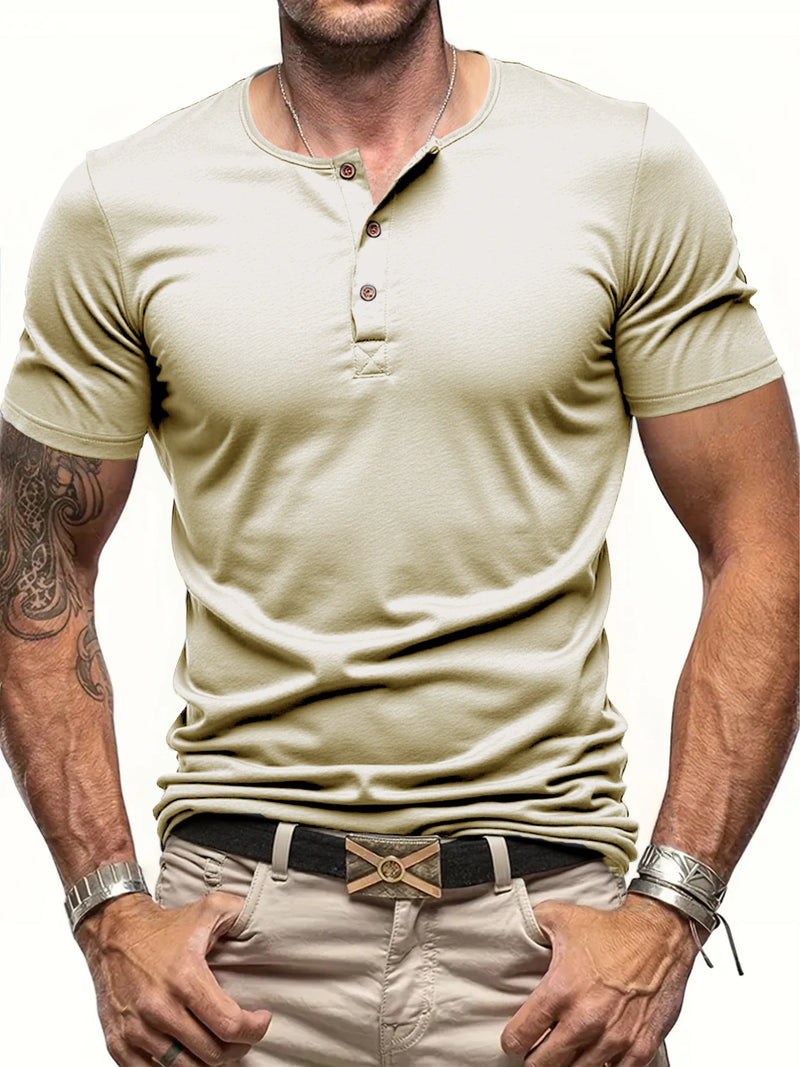Summer Men's Solid Color Henley Shirt Light Breathable Short Sleeve Pull-on.
