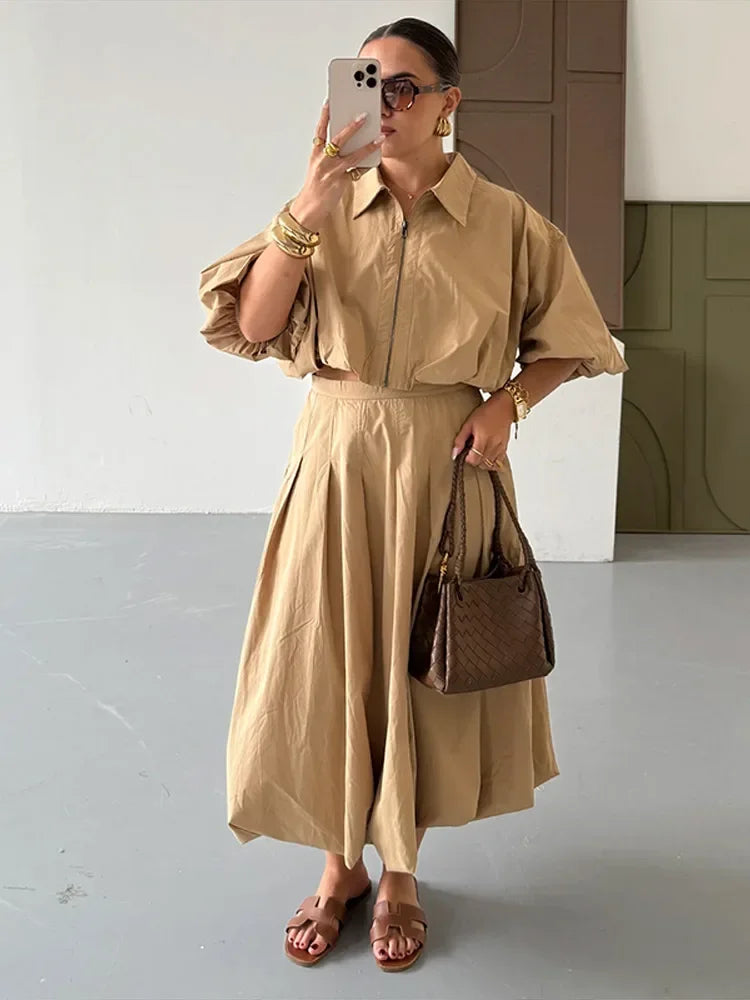 Spring Short Top Women 2 Pieces Set Elegant Turn-down Puff Sleeve Zipper.