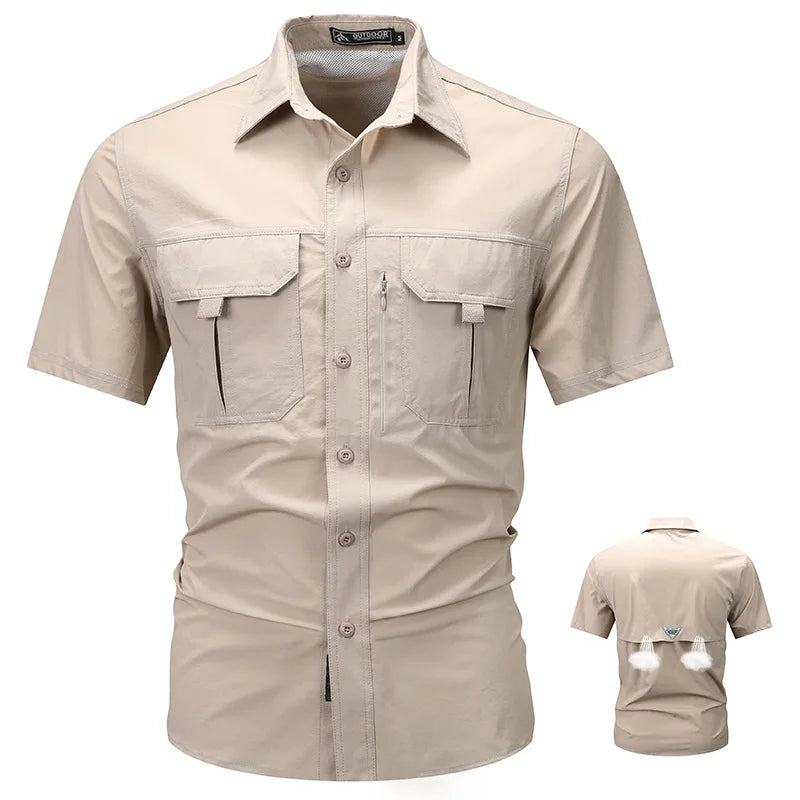 Men's short sleeved shirt, ice silk quick drying lapel workwear.