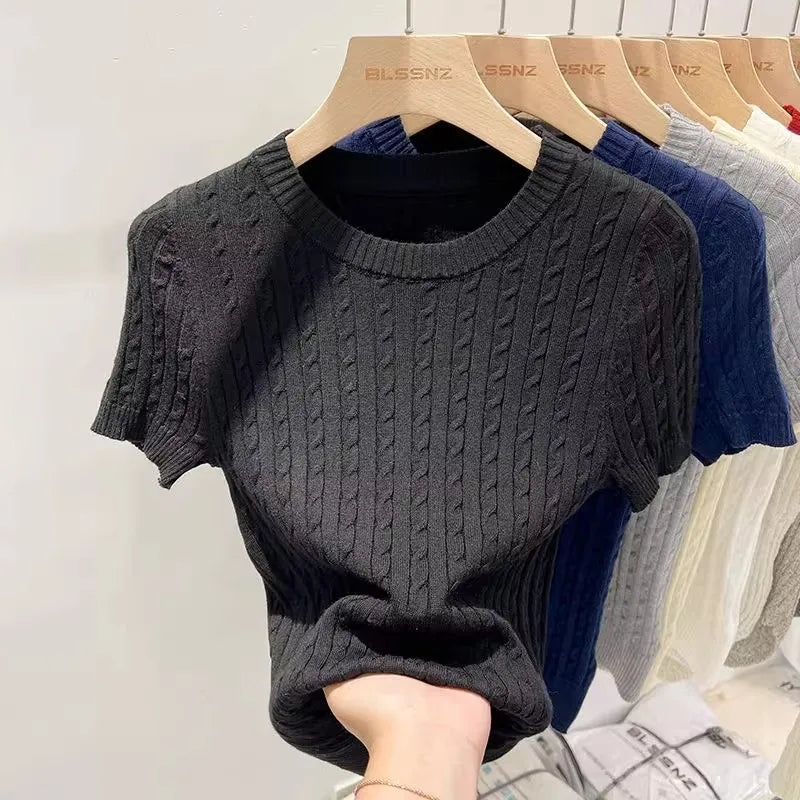 Summer Trendy Solid Color Versatile Tee Apricot O-Neck Women's Short Sleeve.