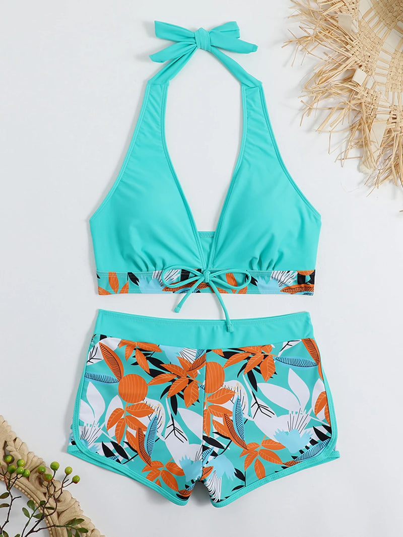 15 Colors Swimwear Women Two-Piece Suit Patchwork Halter Bikini Top.