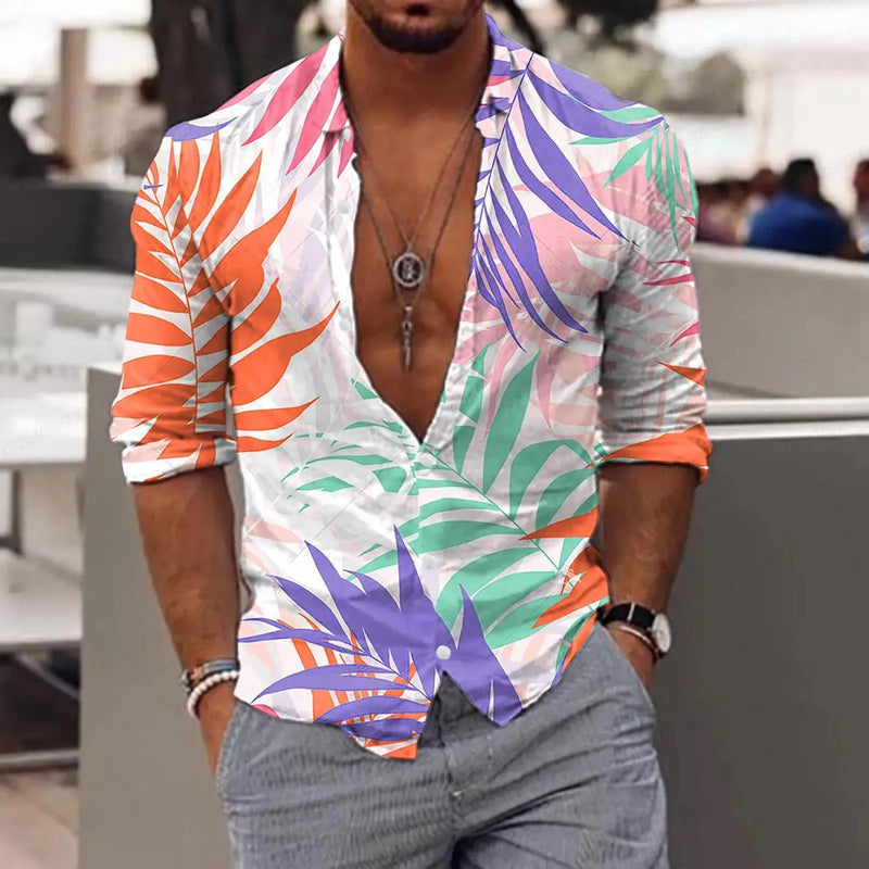 New Trend Men's Shirts Casual Floral Printed Lapel Button Long Sleeve.
