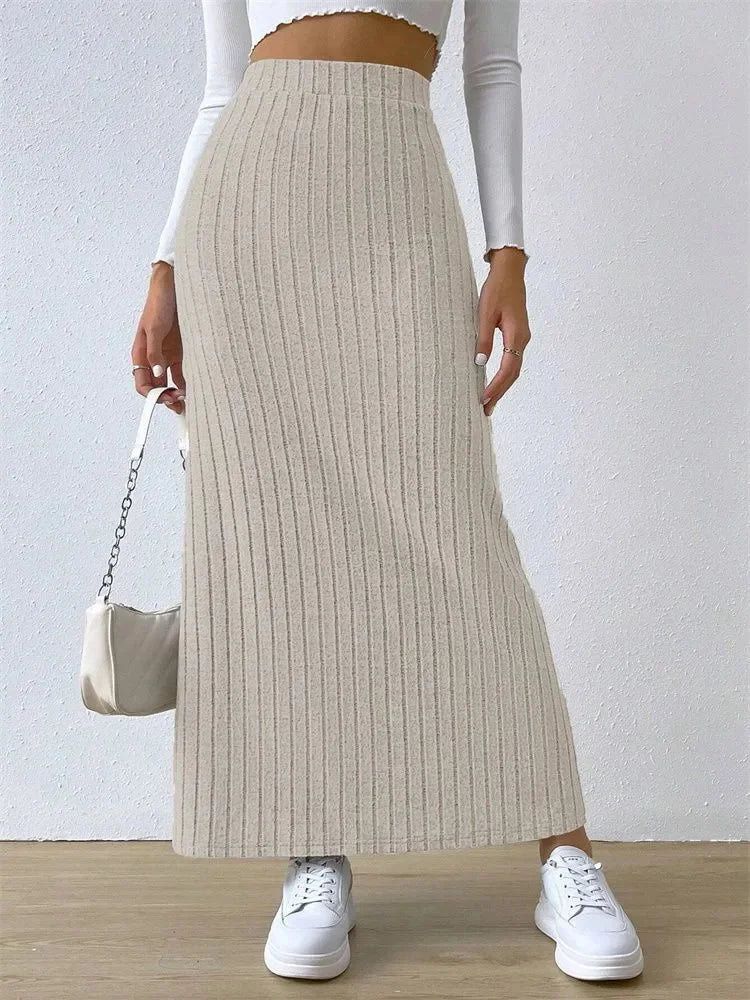 Women Rib-knit Side Split Maxi Skirt Autumn Spring Casual Elegant High Waist.