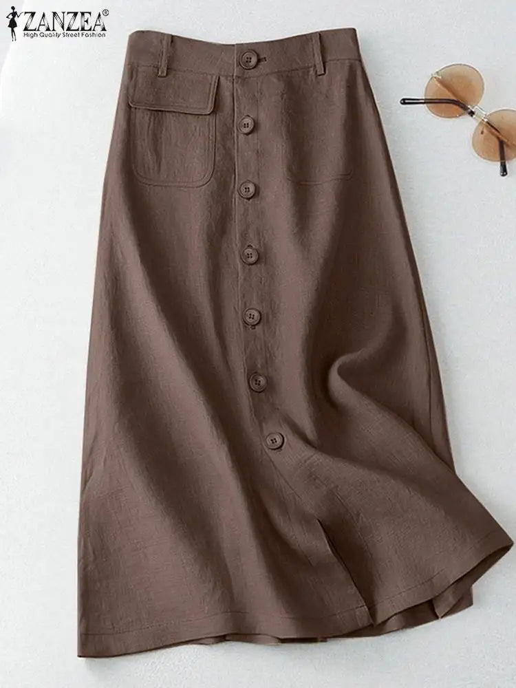 Elegant Cotton Midi Skirts Casual Button Up A-line Skirt Women High Waist.