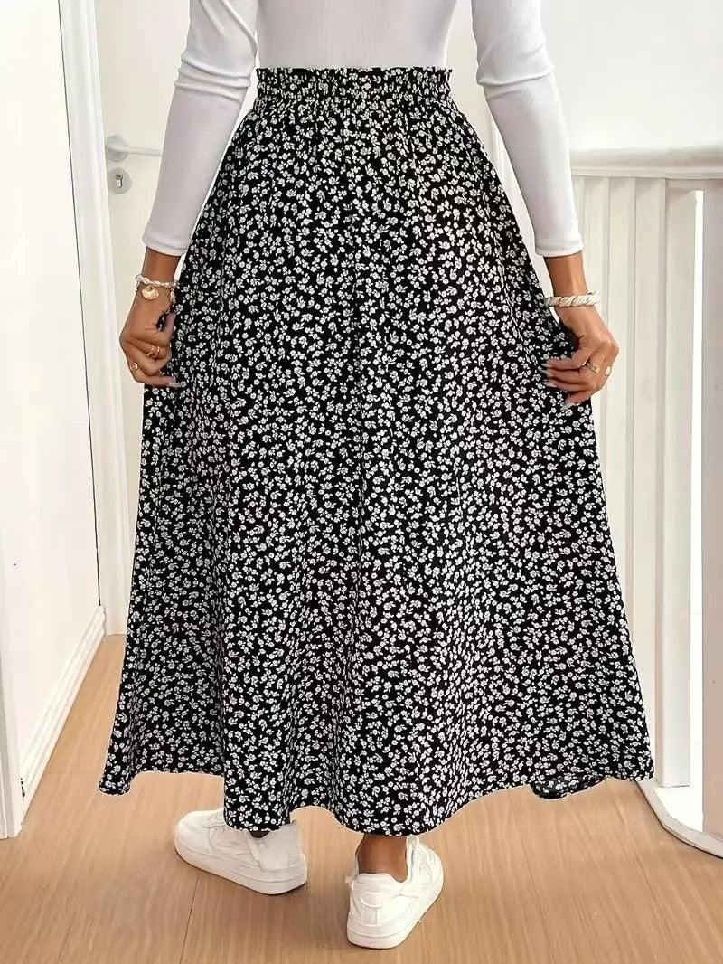 Autumn Floral Half length Skirt with Split A-line Hip Wrap and Middle Waist Skirt.