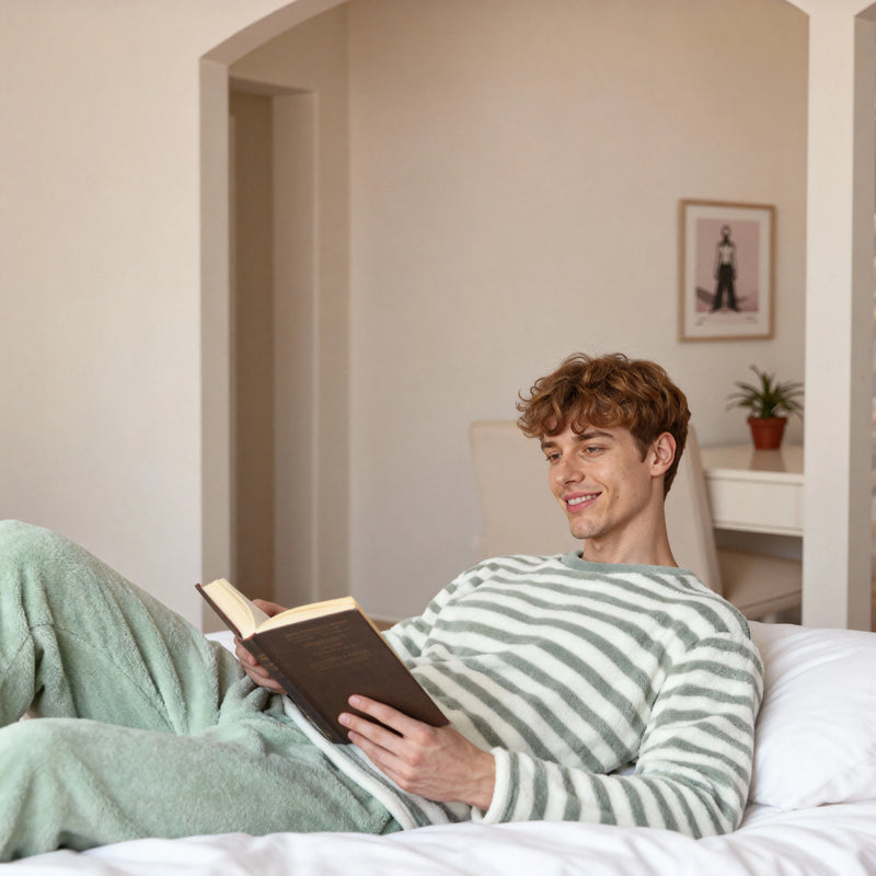 Men's Thermal Pajama Sets Winter Cartoon Classic Striped Home Wear.