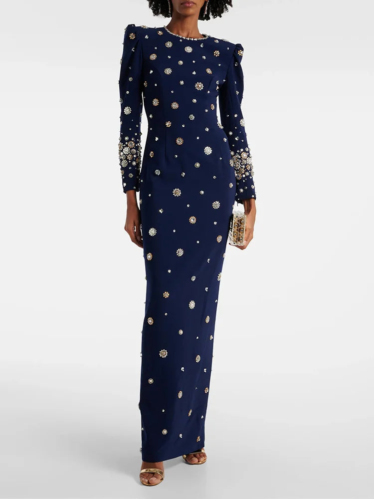 Women's Formal Long Sleeve Luxurious Beaded Long Maxi Dress.