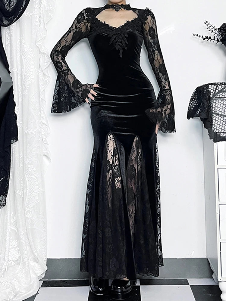 AltGoth Aesthetic Gothic Midi Dress Women Vintage.