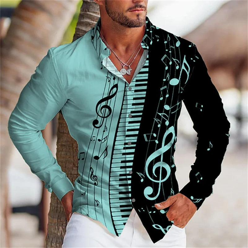 Summer Men's Long Sleeves Shirt with Musical Instrument Symbol Pattern Printed.