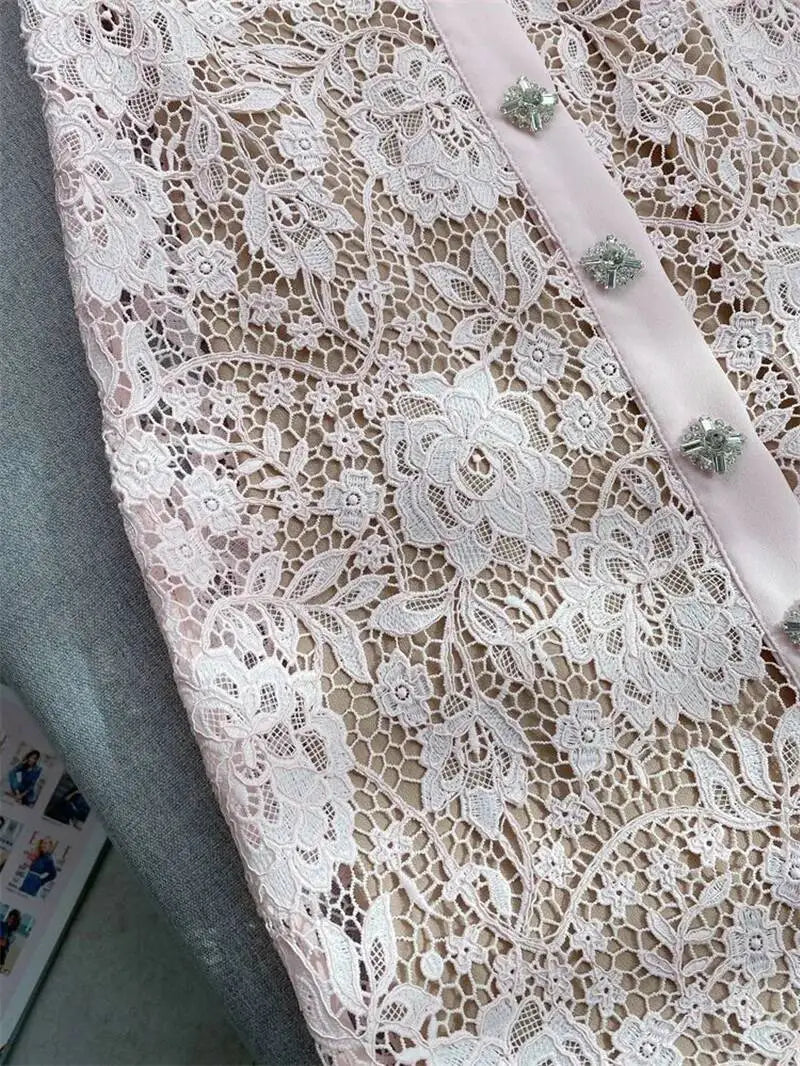 Women’s Lace Midi Dress Diamonds Bow Pink Floral Crystal Short Sleeve.