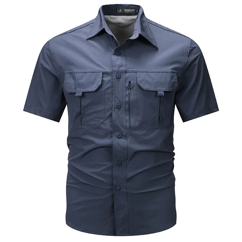 Men's short sleeved shirt, ice silk quick drying lapel workwear.