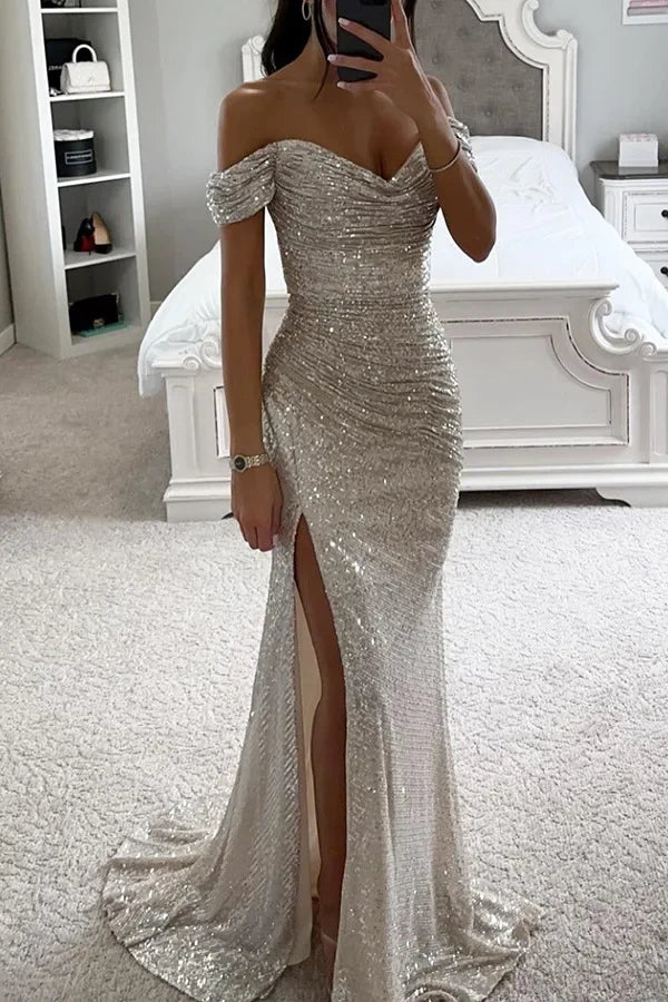 New Party Sequins One line Neck Split Dress INS Casual Versatile Fashionable Charming Slimming Dress.