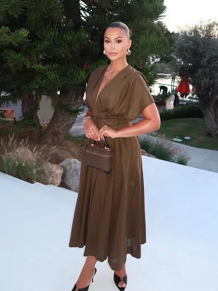 Women's New Fashion V-neck Pleated Down Shoulder Short Sleeve Midi Dress.