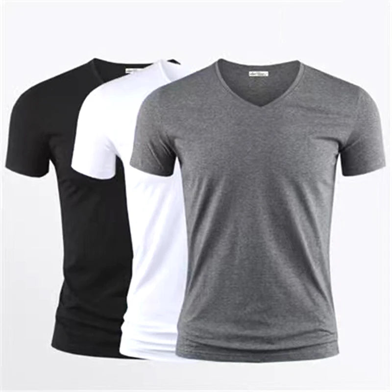 Men's T Shirt Pure Color V Collar Short Sleeved Tops Tees Men T-Shirt Black Tights.