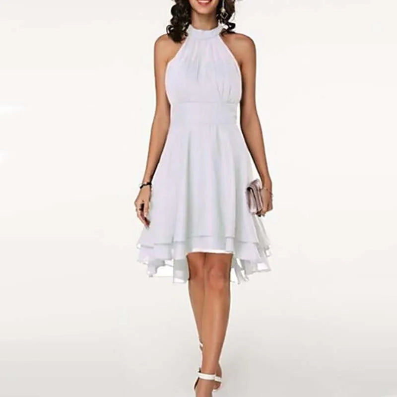 Women’s Elegant Dress Summer Solid High Waist Halter Sleeveless Midi Dresses.