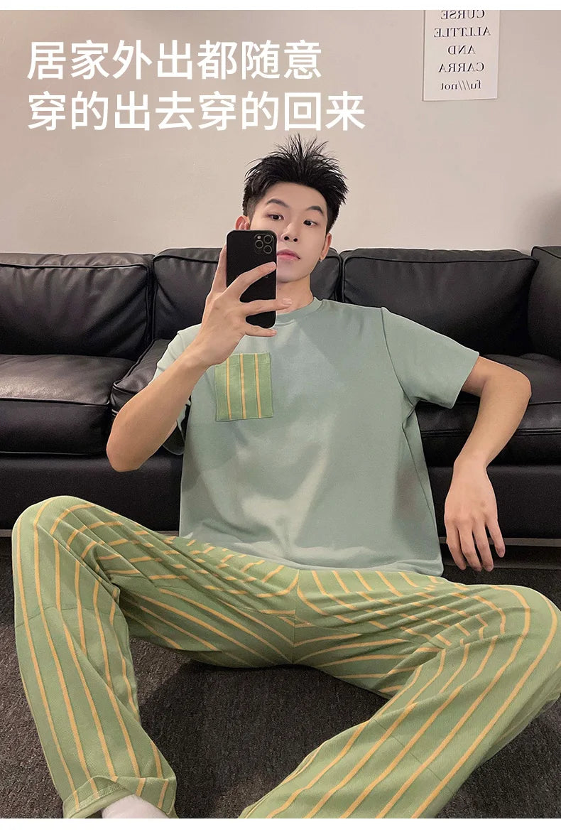 Summer Knitted Plaid Cool Mens Pyjamas Pajamas Casual Pjs Lounge Sets.