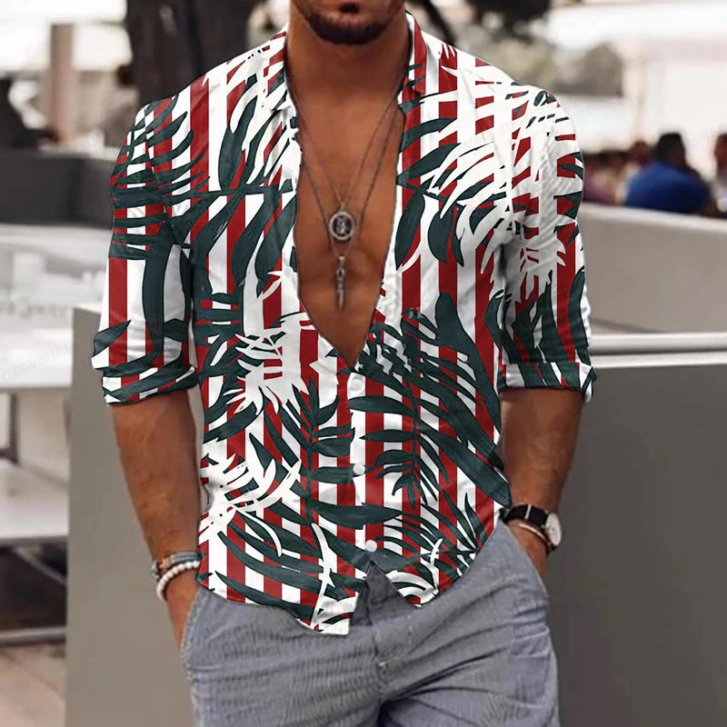 New Trend Men's Shirts Casual Floral Printed Lapel Button Long Sleeve.