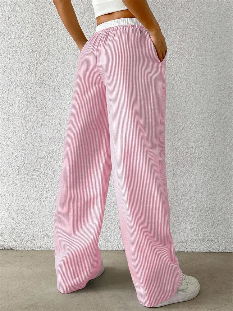 Women's Casual Striped Woven Wide Leg Pants Fall Winter.