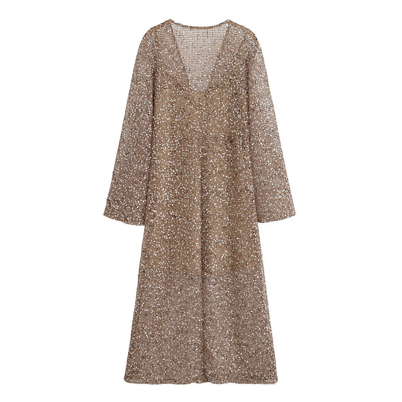 Women’s Spring Dress V-Neck Hollow Out Mid Waist Long Sleeve.