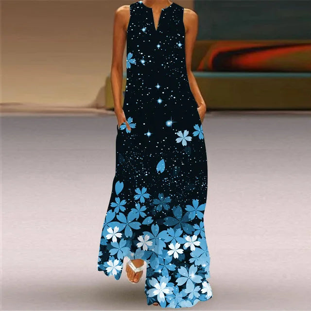 3D Floral Printed Dress Summer Vintage V-neck Sleeveless Loose Maxi Dress Elegant.