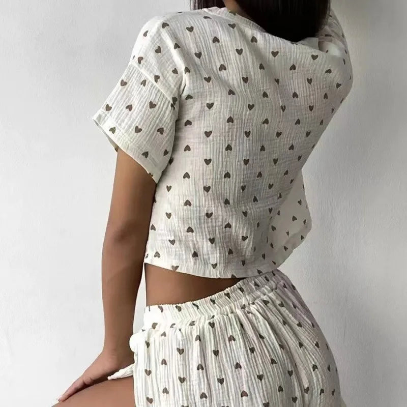Women Pajamas Set Summer Thin Love Print Crepe Pure Cotton.