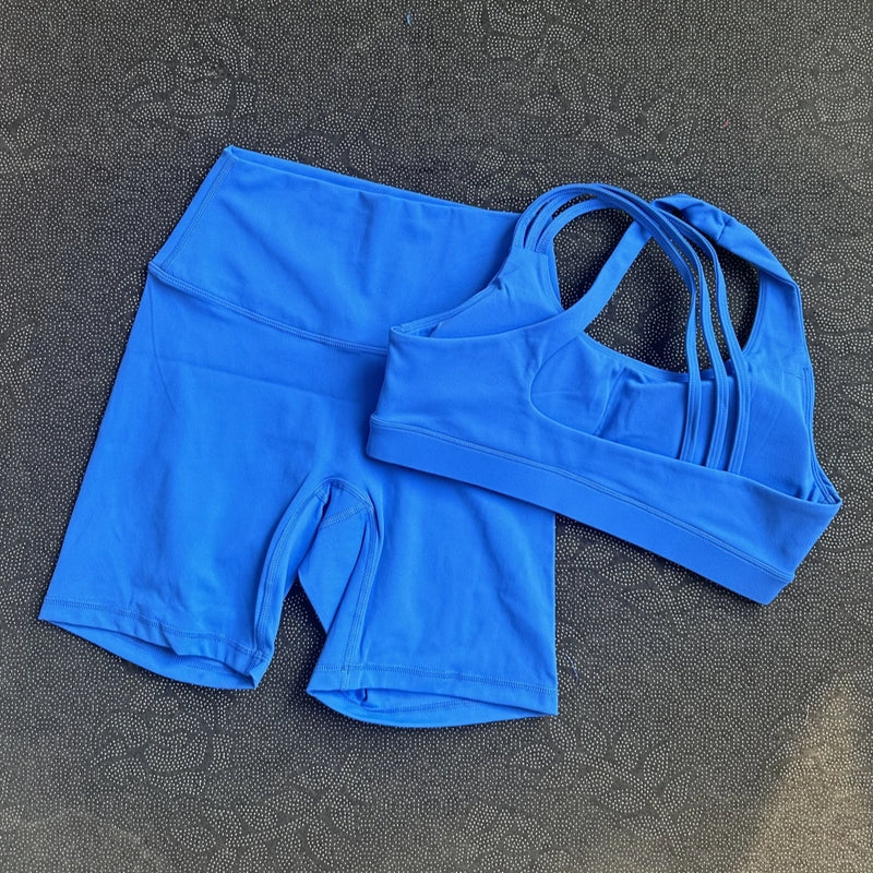 Solid Color Gym Yoga Set Short Legging Cross Back Shoulder Strap Sport Bra Tracksuit Women.