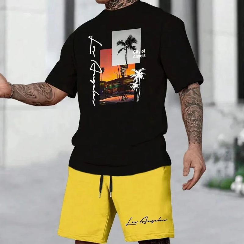 Men's Suit Hawaiian Gradient Coconut Print Suit Summer Beach T-Shirt and Pants 2 Piece.
