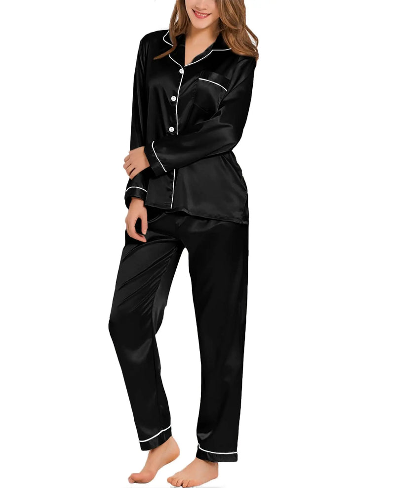 Womens Silk Satin Pajamas Loungewear Two-piece Sleepwear Button-Down.