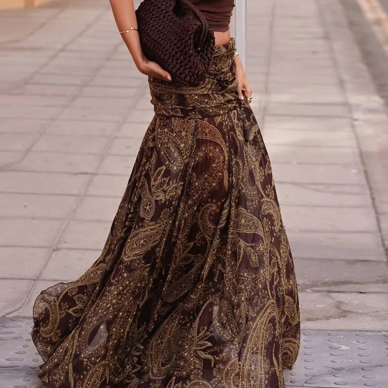 Irregular Printed Big Swing Long Skirts for Women High Waist Buttock.