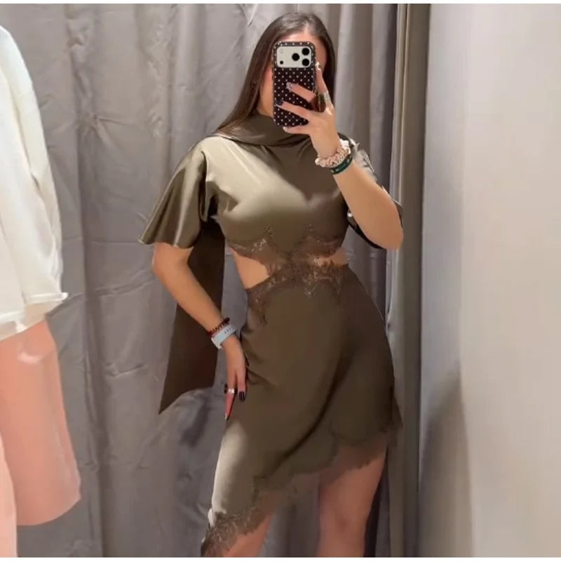 Lace Hollow Out Women Mini Dress Elegant Satin Scarf.