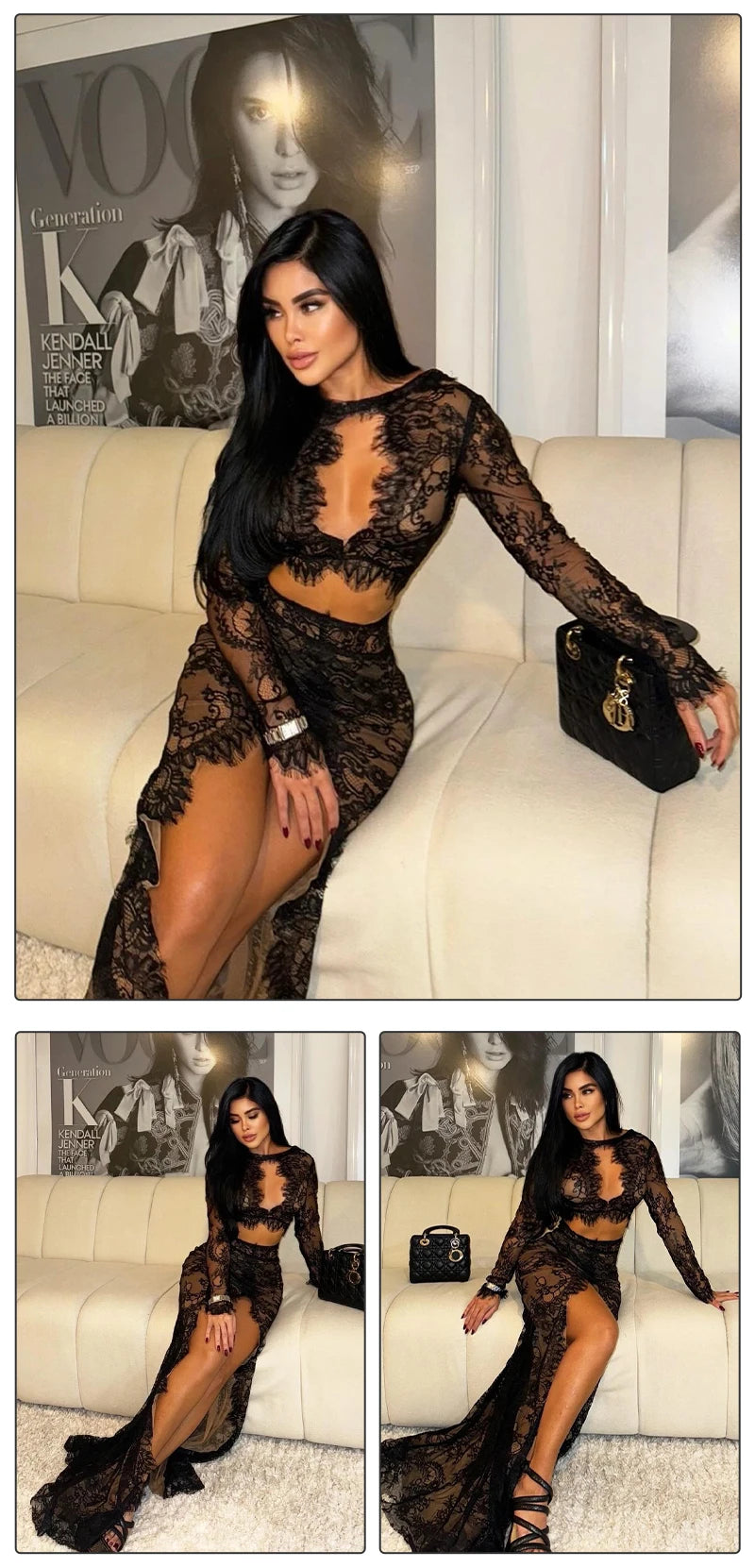 Women’s VC Black Lace Cut Out Long Dress Backless High Split.