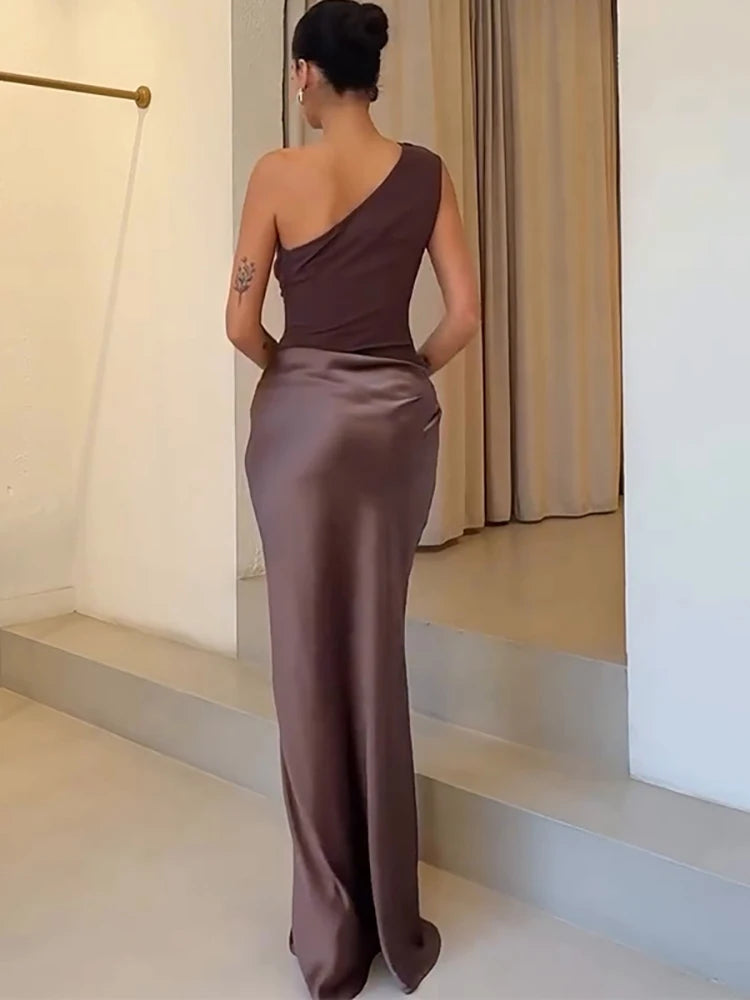Women’s Maxi Dress Brown Sleeveless Evening Dress.
