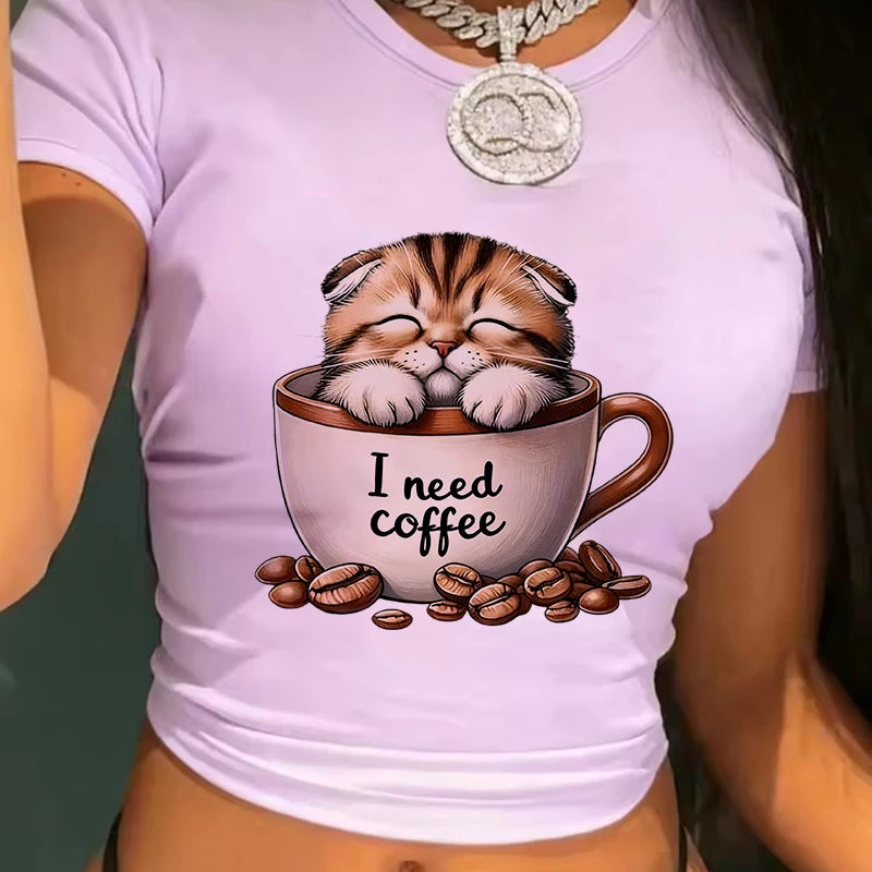 Funny Cat and Coffee Print Sexy Crop Tops for Woman Crew Neck Short Sleeve.