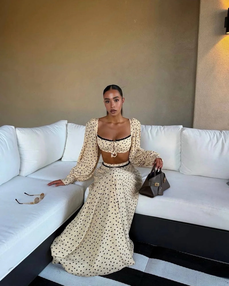 Sexy Polka Dot Tank Top Skirt Women Set Beach Long Lantern Sleeve Tops.