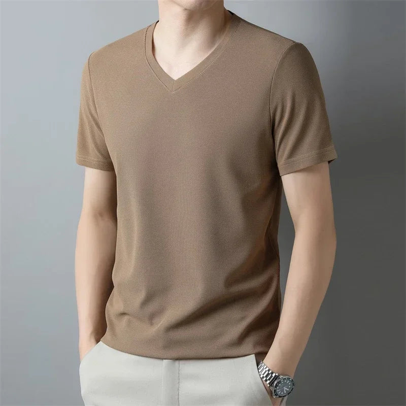Men's New Waffle V Neck Short Sleeved T-shirt Summer Comfortable Top.