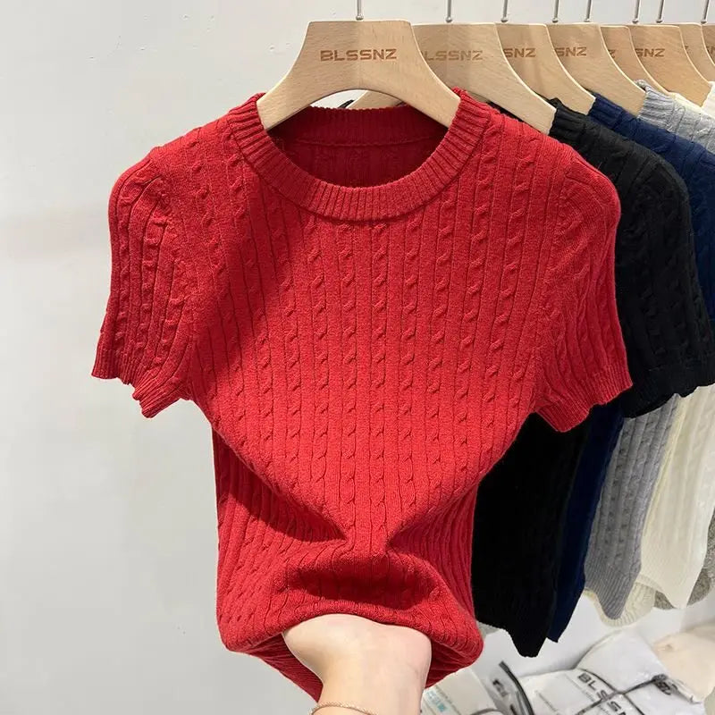 Summer Trendy Solid Color Versatile Tee Apricot O-Neck Women's Short Sleeve.