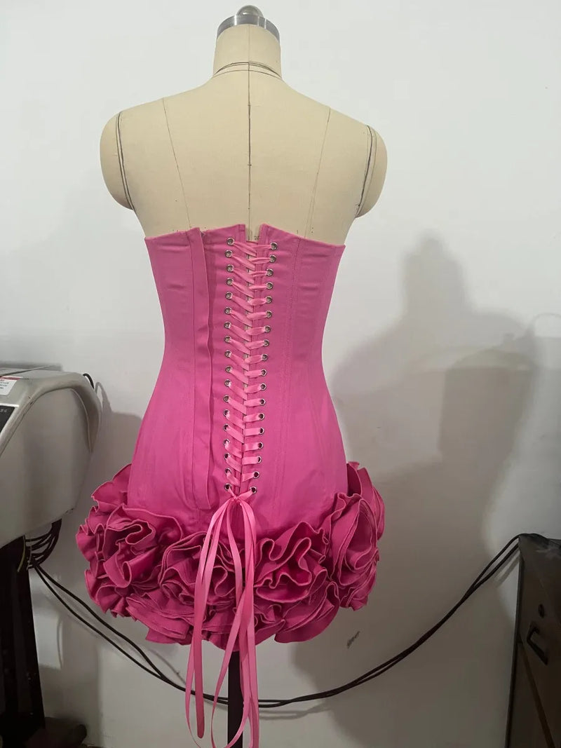 VC Christmas Dress Strapless Backless Red Structured Floral Embellished Mini Length.