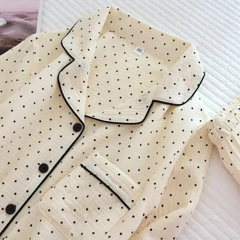 Spring and Autumn Women's Pajama Set cotton crepe long-sleeved trousers.