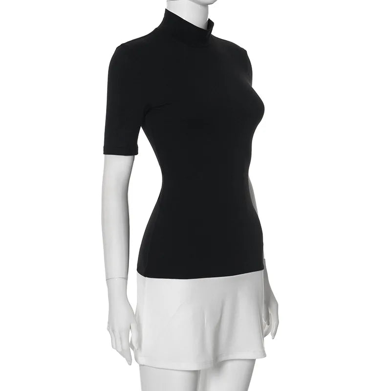 Talenza Elegant Contrast Color Mini Dress Women's Sexy High Neck Short.
